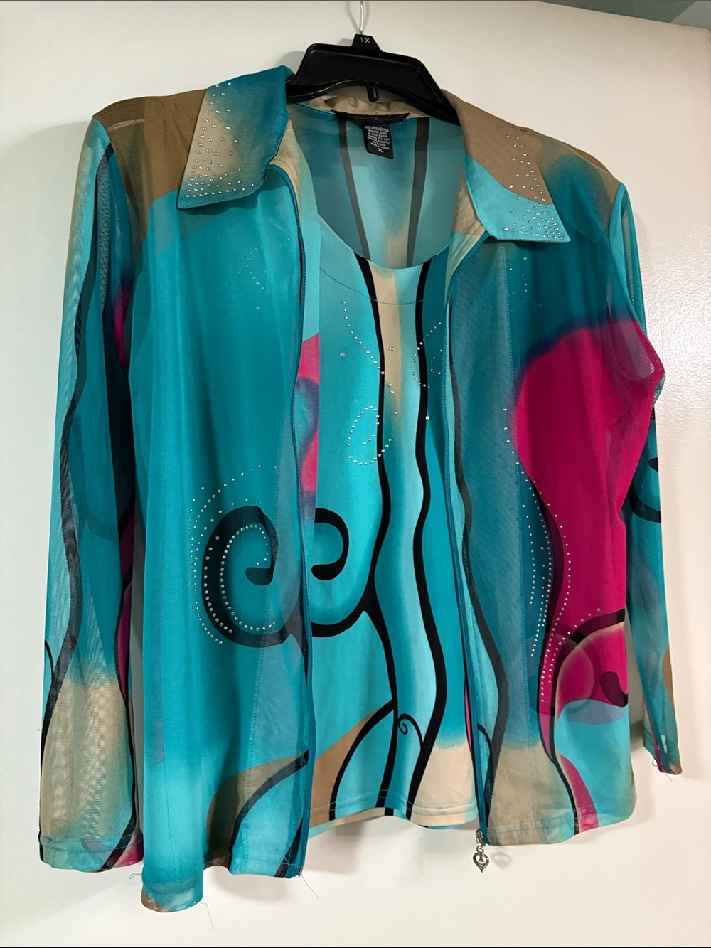 Valentina Turquoise & Pink Sheer Jacket and Tank Set with Rhinestone Detail